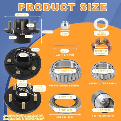 2-Pack 5 Lug Trailer Idler Hub Assembly with Bearing Protectors for 3500 lbs Axle, 5x4.5 Bolt Pattern, Complete Kit with Bearings, Seal, Dust Cap, Studs, Nuts and Bearing Protectors - color: Black-26