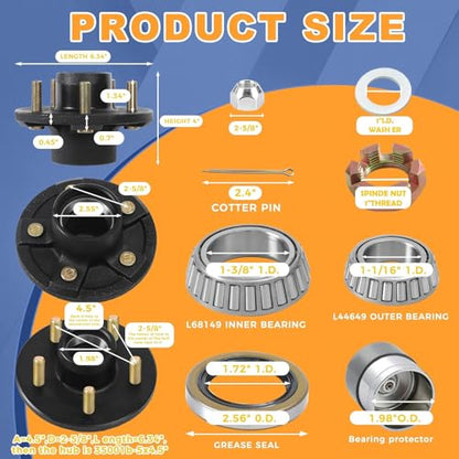 2-Pack 5 Lug Trailer Idler Hub Assembly with Bearing Protectors for 3500 lbs Axle, 5x4.5 Bolt Pattern, Complete Kit with Bearings, Seal, Dust Cap, Studs, Nuts and Bearing Protectors - color: Black-26