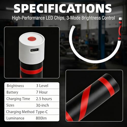 Flexible LED Light Stick 30", Bendable LED Work Light Flashlight Stick, Rechargeable High Lumen with 3 Modes, Flexible Work Light for Car Repair, Inspection, Tight Spaces