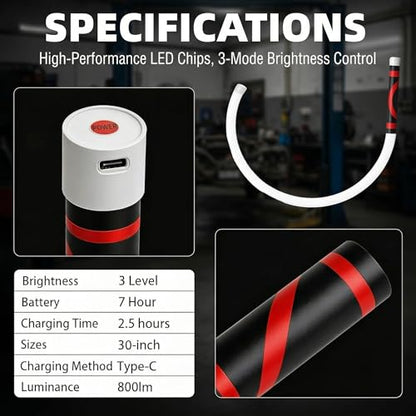 Flexible LED Light Stick 30", Bendable LED Work Light Flashlight Stick, Rechargeable High Lumen with 3 Modes, Flexible Work Light for Car Repair, Inspection, Tight Spaces