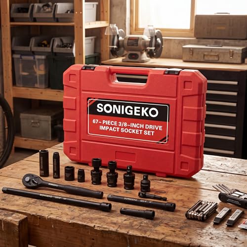 3/8" Drive Impact Socket Set, 67-Piece Standard Metric & SAE 6 Point CR-V Steel Sockets,Includes Extension Bars, 20-Piece Swivel Sockets, Universal Joint, Ratchet Handle and Adapter - size: 67 PCS, 3/8" Socket set, Metric & SAE & Swivel