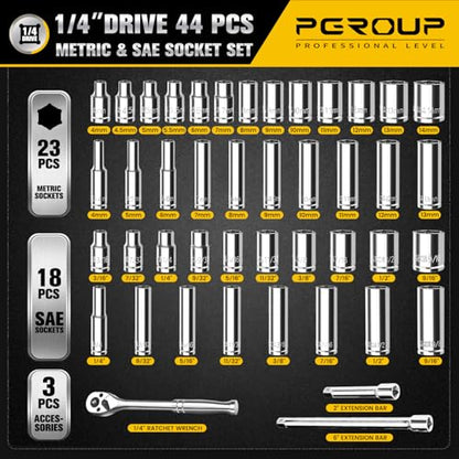 44-Piece 1/4 Inch Drive SAE (3/16 in - 9/16 in) & Metric (4 mm - 14 mm) Socket Set, Socket Wrench Set with 90 Tooth Reversible Ratchet Wrench and Extension Bars, Chrome Vanadium Steel