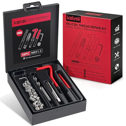 Kolvoii M6×1.0 Helicoil Thread Repair Kit, Metric M6 Helicoil kit with HSS Drill Bit, Tap & Stainless Steel Inserts for Automotive & Motorcycle Stripped Bolt Repair - size: M6×1.0