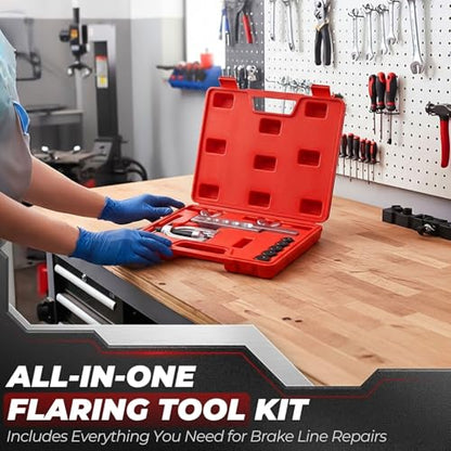 Flexzion SAE 45 Degree Double Flare Brake Line Flaring Tool Kit with (3/16, 1/4, 5/16, 3/8, 1/2") Adapters Dies Automotive Copper Steel Aluminum Brake Fuel Hydraulic Line Tubing Fitting Case Set