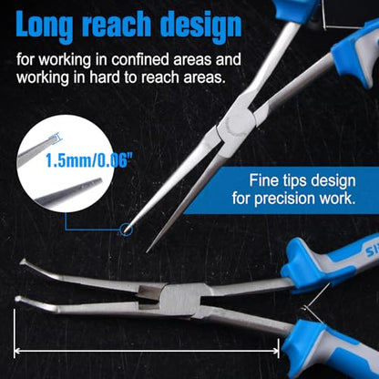 SPEEDWOX Long Reach Bent & Needle Nose Pliers with Smooth & Serrate Jaw | Needle Nose Pliers with Smooth Jaw & Bent Needle Nose Pliers With Serrated Jaw & Wire Cutter, Extra Long, Jewelry Making - style: 2PCS Needle Nose Pliers