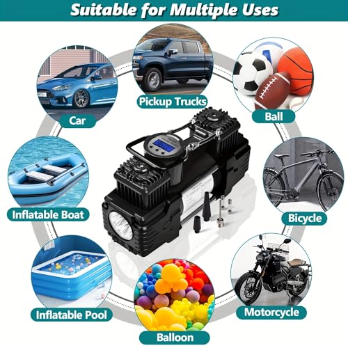 Dual Cylinder Portable Tire Inflator Air Compressor, 150 PSI 12V DC Air Pump with Digital Display, Emergency LED Light, Auto Shut-Off, Heavy Duty - color: Black
