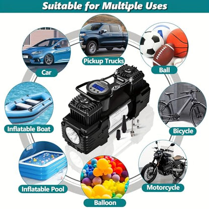 Dual Cylinder Portable Tire Inflator Air Compressor, 150 PSI 12V DC Air Pump with Digital Display, Emergency LED Light, Auto Shut-Off, Heavy Duty - color: Black