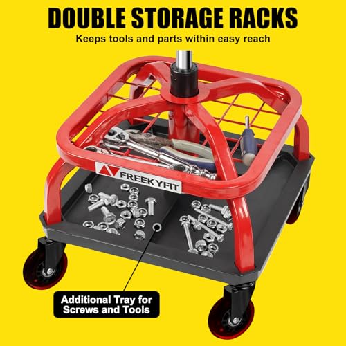 Rolling Stool with Red Wheels, Heavy Duty Garage Work Mechanic Rolling Shop Stool with Backrest, Adjustable Height 360°Swivel Roller Mechanic Chair with 2 Tool Trays, 330 LBS Capacity - color: Red Stool With Red Casters