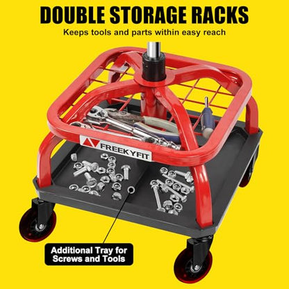Rolling Stool with Red Wheels, Heavy Duty Garage Work Mechanic Rolling Shop Stool with Backrest, Adjustable Height 360°Swivel Roller Mechanic Chair with 2 Tool Trays, 330 LBS Capacity - color: Red Stool With Red Casters