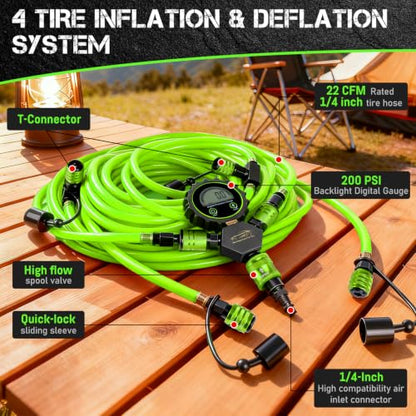 4 Tire Inflation Deflation System W/300PSI Digital Pressure Gauge | Fits up to 200" Wheelbase, Plastic Carry Box & Heavy Duty Hoses, Fits Truck, Car, Trailer, Motorcycle Offroad Vehicles, Green - color: Green