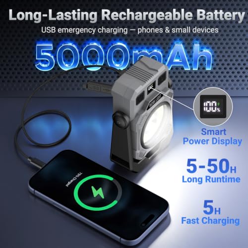 Magnetic Rechargeable Work Light, 5200mAh Mechanic Light Run 5-50H | 2000LM LED mechanic light with power display, 5-50h runtime, stepless dimming 360° rotate flashlight for car repair, camping