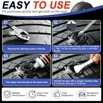 Tire Plugs Rubber Nails 3 Sizes & Repair Glue 100ML for Flat Tire Repair | Emergency Tire Repair Kit for Cars, Motorcycles, Trucks, Tractors & Bicycles, Puncture Fast Repair, No Tire Removal Required