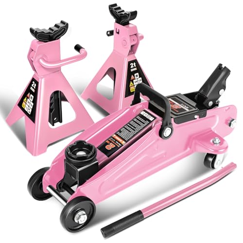 DNA Motoring 2 Ton Car Jack and Stands Kit Pink | 2T(4000 lbs) Capacity Low Profile Hydraulic Trolley Service/Floor Jack with 2 Ratchet Stands Combo for Home Garage Shop - color: Pink