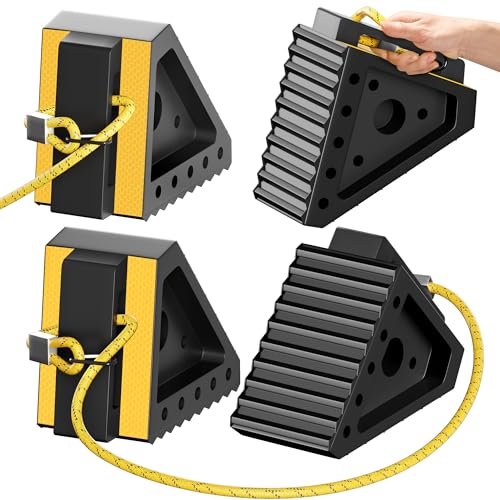 4 Pack Heavy Duty Wheel Chocks with 39" Rope, Rubber Wheel Chocks for Trailers, RV, Cars, Trucks, and ATV