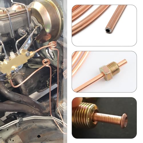 25Ft 1/4 and 3/16 Brake Line Kit with Includes 32 Inverted Flare Brake Line Fittings and Double & Single Brake Line Flaring Tool Kit,Copper Coated Brake Line Repair Kit