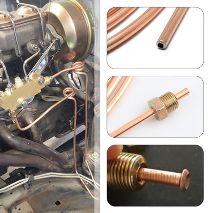 25Ft 1/4 and 3/16 Brake Line Kit with Includes 32 Inverted Flare Brake Line Fittings and Double & Single Brake Line Flaring Tool Kit,Copper Coated Brake Line Repair Kit