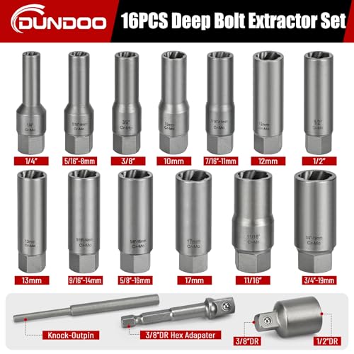 16pcs Bolt Extractor Kit, Stripped Bolt Extractor Set, Deep Long Easy Out Set, Lug Nut Remover Socket Tool for Studs, Damaged, Frozen, Rusted, Rounded-Off Bolts, Nuts - size: 16PCS