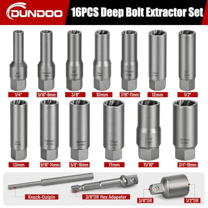 16pcs Bolt Extractor Kit, Stripped Bolt Extractor Set, Deep Long Easy Out Set, Lug Nut Remover Socket Tool for Studs, Damaged, Frozen, Rusted, Rounded-Off Bolts, Nuts - size: 16PCS