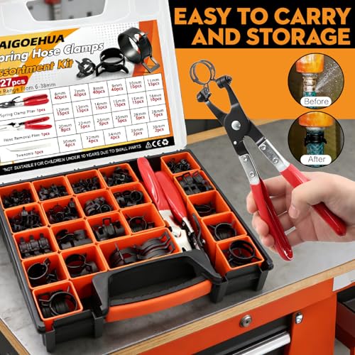 327-Pcs 65Mn Spring Clamps Kit (23 Sizes, 6-38mm) with Swivel Jaw Pliers,Hose Removal Pliers & Tweezers - Constant Tension Fit For Fuel, Coolant, Vacuum & Silicone Hose（Black） - size: 23 sizes-327 PCS