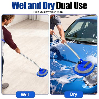 15° Curved Car Wash Brush with Long Handle 43" Extension Cleaning Mop Exterior Interior Carwash Duster 3-Section, 90° Pivoting Extralarge Microfiber Head for Scratch-Free Car, SUV & Truck (Blue) - color: Blue
