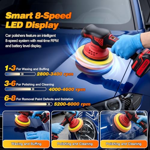 Cordless Car Buffer Polisher kit [8-Speed 6000 RPM, Dual Action (DA) Random Orbital, 2x 21V 2000mAh Batteries & LED Display & 16 PCS Attachments] Easy to use for Scratch Removal, Polishing & Waxing
