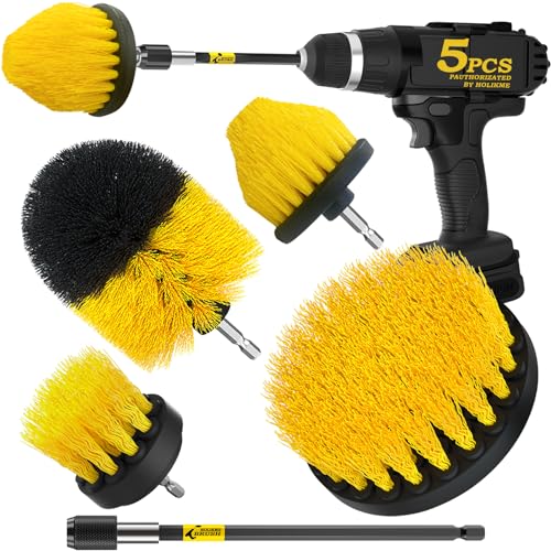 Holikme 5Pack Drill Brush Attachment Set，Power Scrubber Brush Extended Long Attachment for Bathroom Surfaces, Grout, Floors, bathtubs, Showers, Tiles, Kitchens and Cars，Yellow | 4 nylon scrub brushes,yellow,Power scrubber kit for Bathroom Surfaces, Grout,