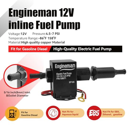 Universal Electric Fuel Pump Kit 12V 4.5-7psi Electric Fuel Pump with Mounting Bracket, Fuel Filters, Hose Clamps, 6.56 FT 5/16" ID Fuel Line - size: EP12S 4.5-7 PSI + 6.56ft Hose