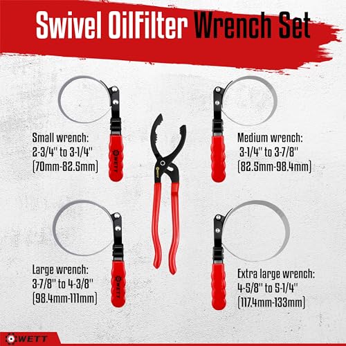 WETT Swivel Oil Filter Wrench Set, 5-Piece Standard Oil Filter Removal Tool, with 12" Adjustable Oil Filter Plier, Stainless Steel Remover Pliers (2-3/4" to 5-1/4") - size: 5-Piece Oil Filter Wrench Set