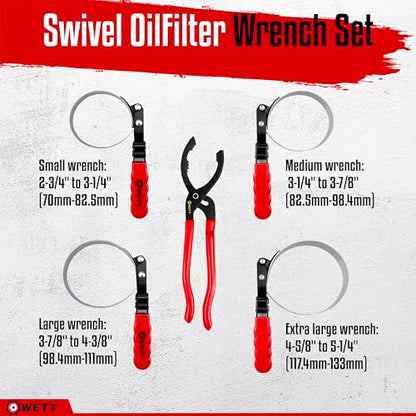 WETT Swivel Oil Filter Wrench Set, 5-Piece Standard Oil Filter Removal Tool, with 12" Adjustable Oil Filter Plier, Stainless Steel Remover Pliers (2-3/4" to 5-1/4") - size: 5-Piece Oil Filter Wrench Set