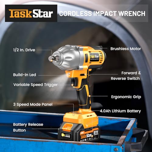 TaskStar Cordless Impact Wrench 740 Ft-lbs(1000N.m) 3300RPM High Torque 1/2 Inch Impact Gun, Electric Impact Driver, Brushless Motor, 2x4.0Ah Battery Fast Charger for Car Tires Truck Mower - style: 4.0 Ah