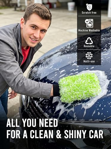 TAKAVU Car Wash Mitt, 2 Pack Microfiber, Scratch-Free (Green & White) | Soft Lint-Free Wash Gloves Hold Sudsy Water for Auto Detailing, Machine Washable, Safe on Paint & Coat - color: Green