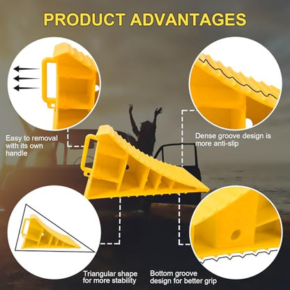 4Pack Wheel Chocks for RV Trailer Non Slip Heavy Duty Yellow Camper Wheel Chocks with Handle for Easy Removal Polypropylene Wheel Stoppers for Cars Campers Trucks Rvs