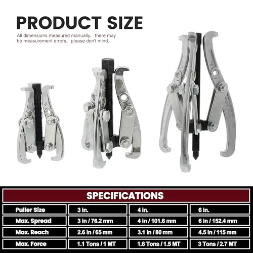 Motor Tech Gear Puller Set, 3" 4" 6" 8'' 3 Jaw Puller Kit for Pulley Gear Bearing Flywheel Removal, Heavy Duty Pulley Puller with Reversible Jaws Bearing Puller Tool Kit (3'' 4'' 6'') - style: 3'' 4'' 6''