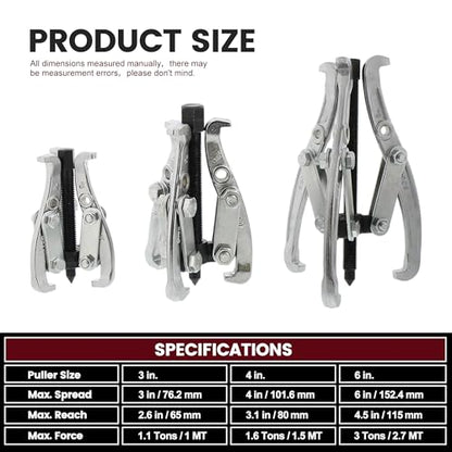 Motor Tech Gear Puller Set, 3" 4" 6" 8'' 3 Jaw Puller Kit for Pulley Gear Bearing Flywheel Removal, Heavy Duty Pulley Puller with Reversible Jaws Bearing Puller Tool Kit (3'' 4'' 6'') - style: 3'' 4'' 6''