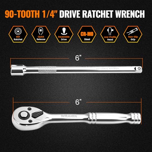 1/4" Drive Ratchet Wrench Set, 90T Quick-Release Reversible Ratchet, Cr-Mo Head with 6" Extension Bar for Automotive, Electronics & Home Repair - size: 1/4"