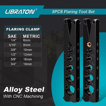 LIBRATON Flaring Tool, HVAC Flaring Tool Kit, Copper Flaring Tool, 45° Eccentric Single Flare Tool for 1/4''-3/4'' and 6-19mm with Pipe Cutter, Deburring Tool for Copper Aluminum Pipe