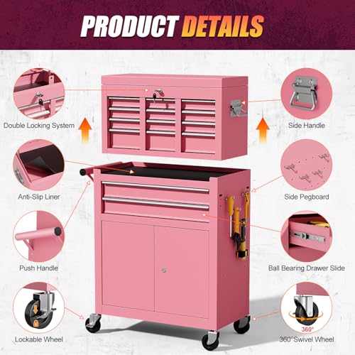 10-Drawer Rolling Tool Chest with Wheels, Rolling Tool Chest Heavy Duty, 2 in 1 Lockable Tool Box with Drawers, High-Capacity Mechanic Tool Organizer, Adjustable Shelf & Detachable Top Cabinet - color: Pink