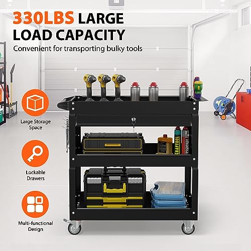 3-Tier Heavy Duty Utility Cart on Wheels, Rolling Tool Cart on Wheels with a Drawer, 350 Lbs Load Capacity Service Cart for Warehous, Garage and Repair Shop (Black) - color: Black