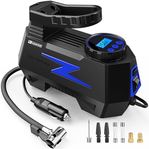 FADAKWALT Tire Inflator Portable Air Compressor, 12V DC Car Air Pump with Auto Shutoff, 150 PSI Digital Gauge, LED Light, Metal Valve Connector, Accessories for Cars, Blue - color: Blue