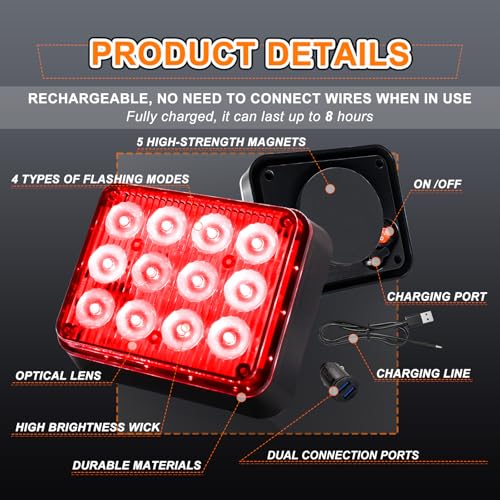 2PCS Magnetic Red Strobe Lights Rechargeable Flashing Lights | Beacon Caution Warning LED Road Flare Emergency Lights Wireless Battery Powered Strobe Lights for Trucks Vehicle Trailer Car - color: Red