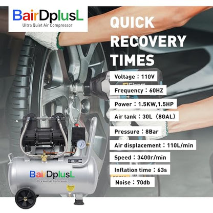 BairDplusL 8 Gallon Ultra Quiet Air Compressor 110V/60Hz 1.5HP 8.8CFM MAX 115PSI Steel Tanks Oil-Free 70dB Noise Level Light & Quiet Portable Air Compressor with Wheels, Auto Repair - size: 30L
