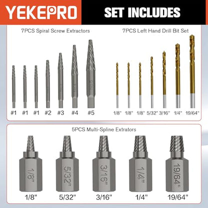 19 Pcs Bolt & Screw Extractor Set, HSS-424 Spiral Extractor, CR-MO Left Hand Drill Bit Set, S2 Spline Easy Out Kit for Removing Broken, Stripped, Frozen, Rusted, Rounded-Off Bolts, Nuts & Screws - size: 19PCS