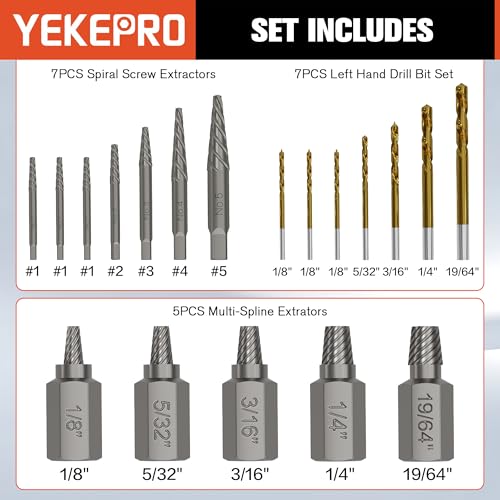 19 Pcs Bolt & Screw Extractor Set, HSS-424 Spiral Extractor, CR-MO Left Hand Drill Bit Set, S2 Spline Easy Out Kit for Removing Broken, Stripped, Frozen, Rusted, Rounded-Off Bolts, Nuts & Screws - size: 19PCS