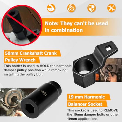 Car Crankshaft Pulley Removal Tool, 19mm Harmonic Balancer Socket & 50mm Crankshaft Crank Pulley Wrench Holder Tool Kit, Automotive Accessories, Compatible with A-cura Engines
