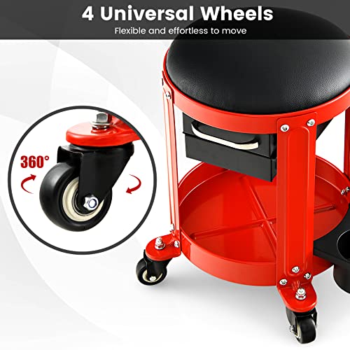 Nightcore Workshop Rolling Seat, Round Creeper Stool with Removable Cushion, Tool Tray, 2 Drawers & Twin Can Holders, Mechanic Roller with 4 Universal Casters for Garage, 300 Lbs Weight Capacity