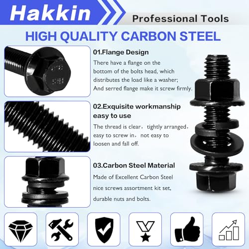 248PCS Flanged Hex Head Bolts, Hakkin Black Metric Bolt m6 m8 m10 Machine Screw Assortment Kit, M6-1.0 M8-1.25 M10-1.5 Flanged Screws Nuts Flat Spring Washers, Assorted Screws Nuts - size: 248PCS M6 M8 M10 Flanged Bolts Black