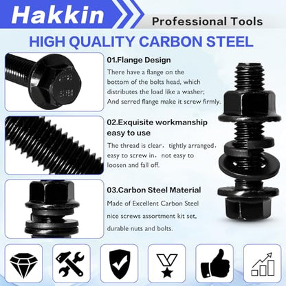 248PCS Flanged Hex Head Bolts, Hakkin Black Metric Bolt m6 m8 m10 Machine Screw Assortment Kit, M6-1.0 M8-1.25 M10-1.5 Flanged Screws Nuts Flat Spring Washers, Assorted Screws Nuts - size: 248PCS M6 M8 M10 Flanged Bolts Black