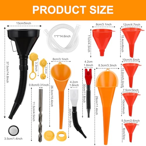 19-Piece Automotive Funnel Set with Fuel Can Spout Replacement – Long Neck Oil Funnel & Plastic Fuel Funnel for Transferring Fuel, Oil, Coolant, Motor Oil, Water