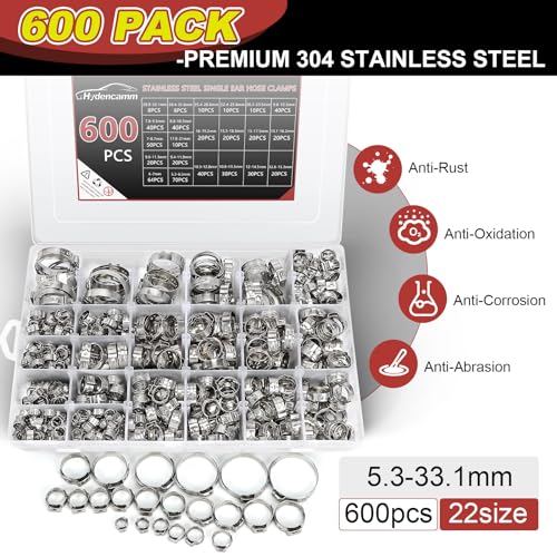 600PCS 22 Sizes Single Ear Hose Clamps, 304 Stainless Steel | 5.3-33.1mm Crimp Hose Clamps, Ear Clamp for Automotive, Home Appliance Line, Pipe Hoses and Industry Use - size: 5.3-33.1mm, style: 600PCS 22 Sizes