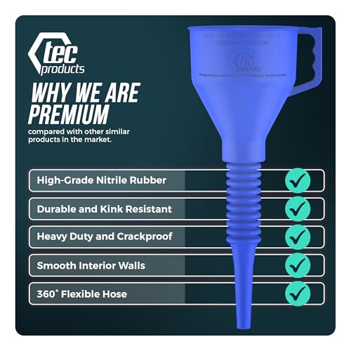 TEC Products FlexAll Long Flexible Funnels - Automotive Oil Funnel with Hose, Durable Nitrile Rubber for Oil Change, Transmission Funnel Fluid, Diesel, Fuel, Gas - Made in USA - Blue (12 x 4 Inches) - color: Blue, size: Small